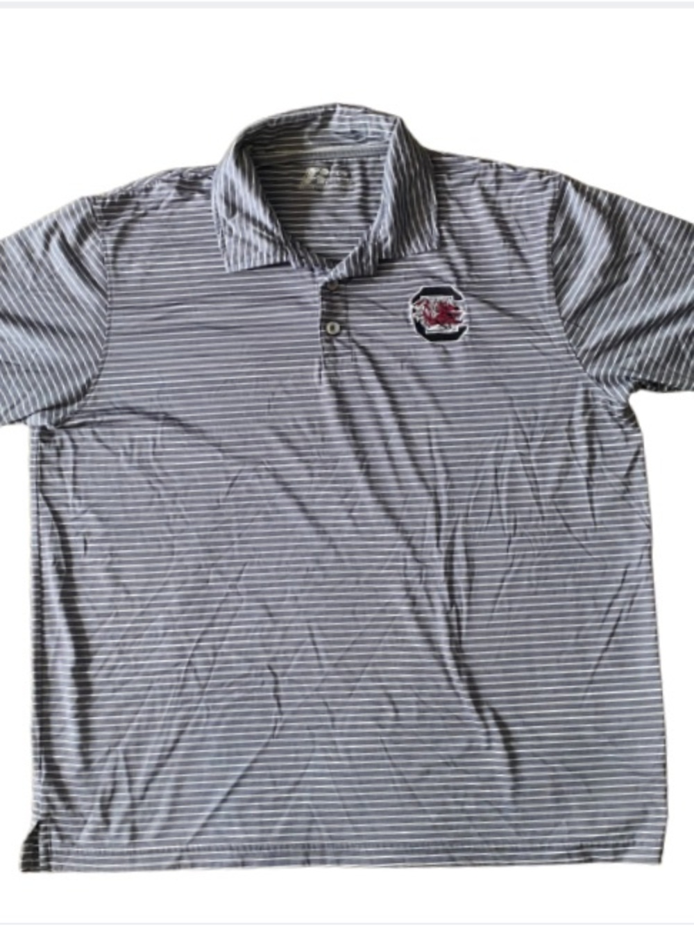 Russell Athletic Gray and White Striped Polo with Embroidered Logo Size L 42-44